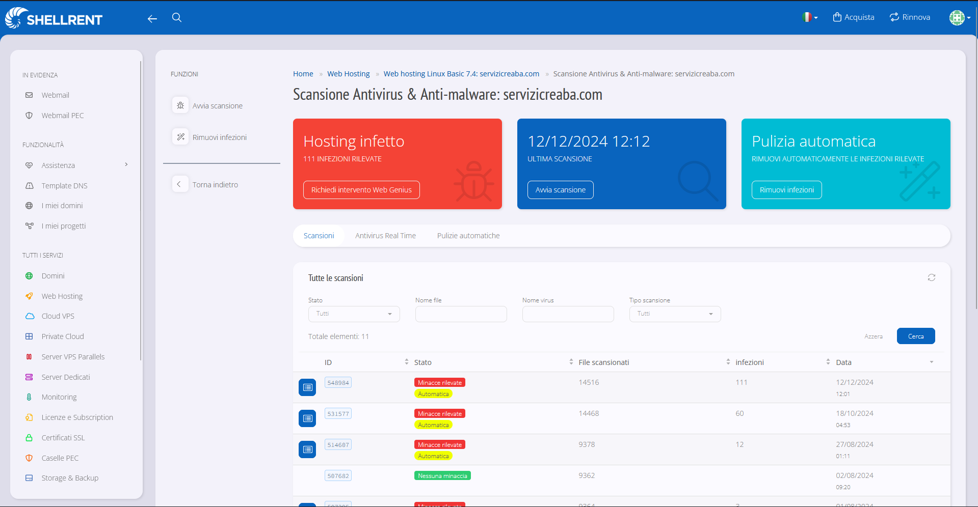 Screen pagina Antivirus sul Manager