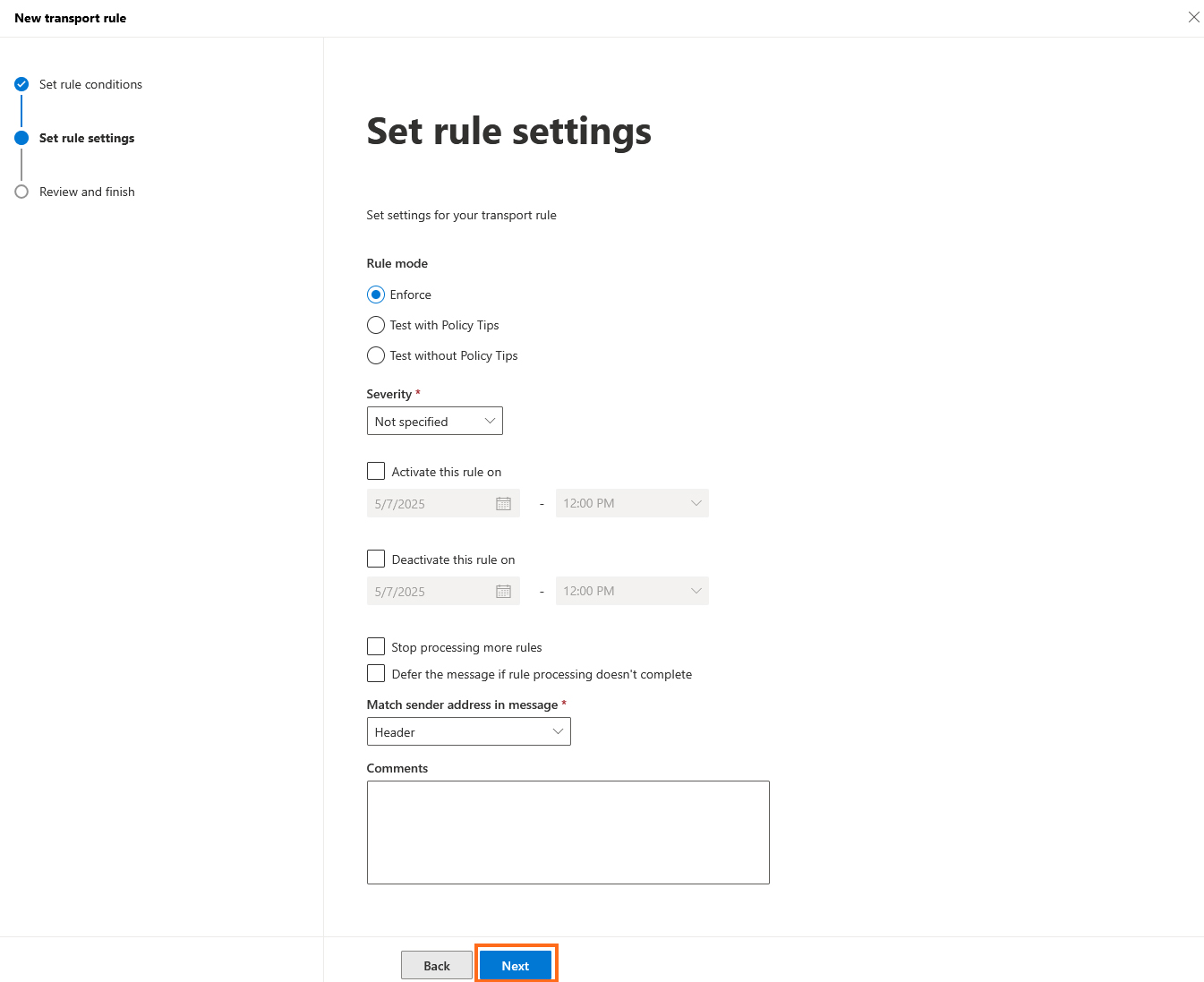 Exchange - Set rule settings