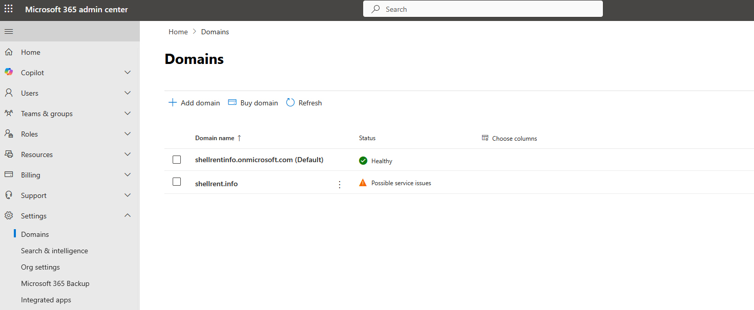 Microsoft 365 admin center - select domain
