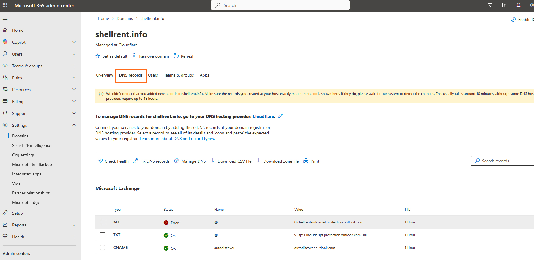 Microsoft 365 admin center - DNS records