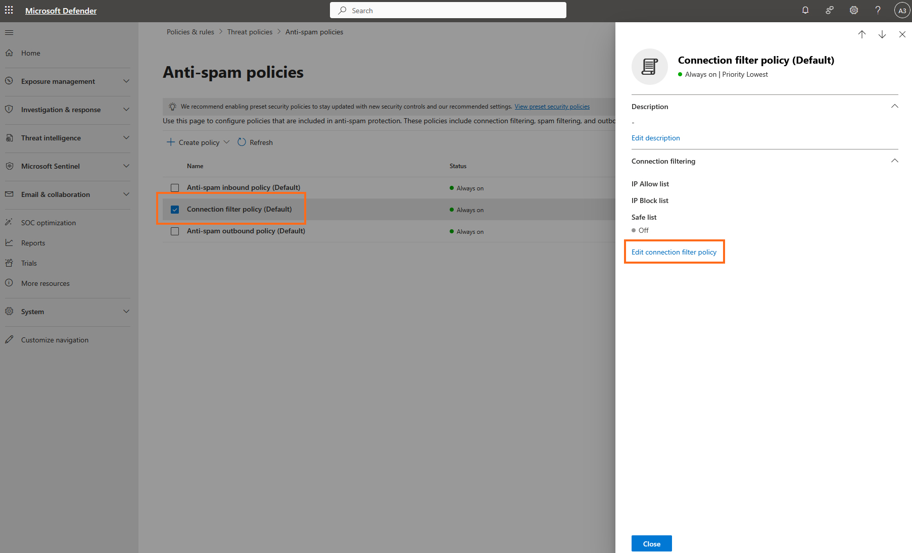 Microsoft 365 admin center - edit connection filter policy
