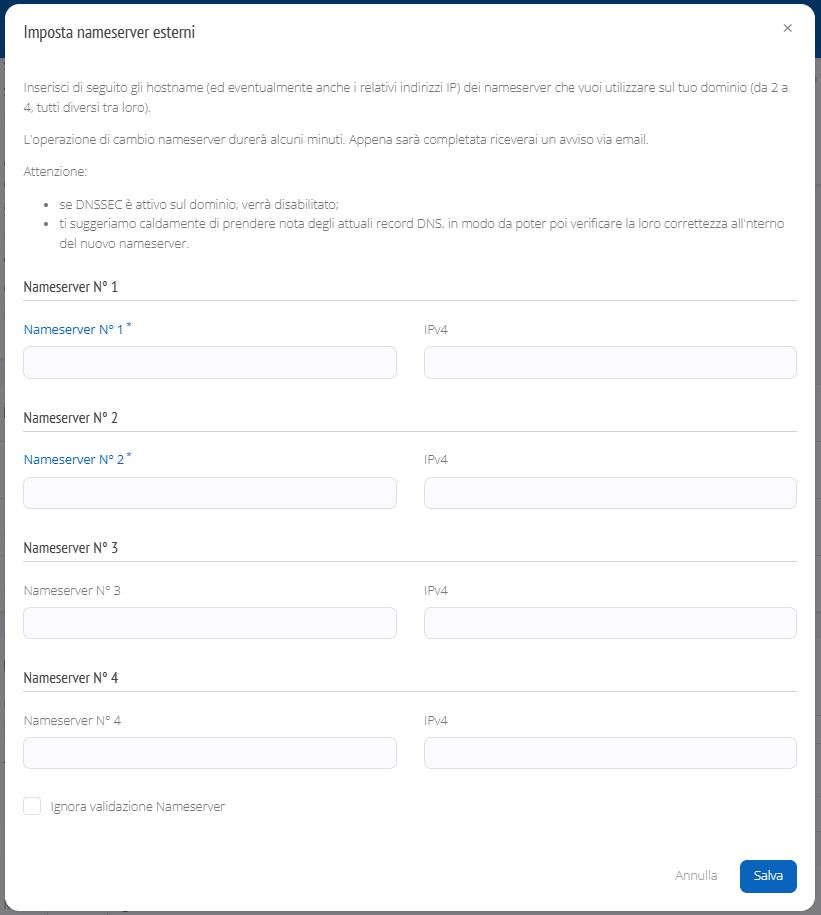 Configurazione nameserver esterni