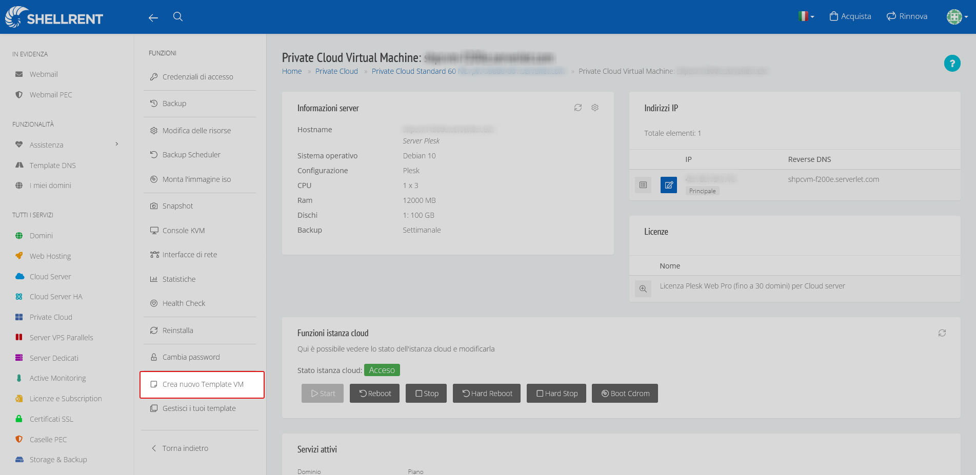 Private cloud vm e bottoni page aside