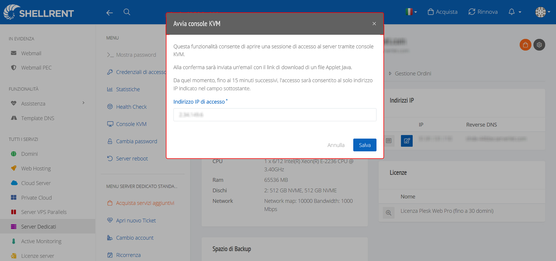 Server Dedicato OVH Console KVM Modal
