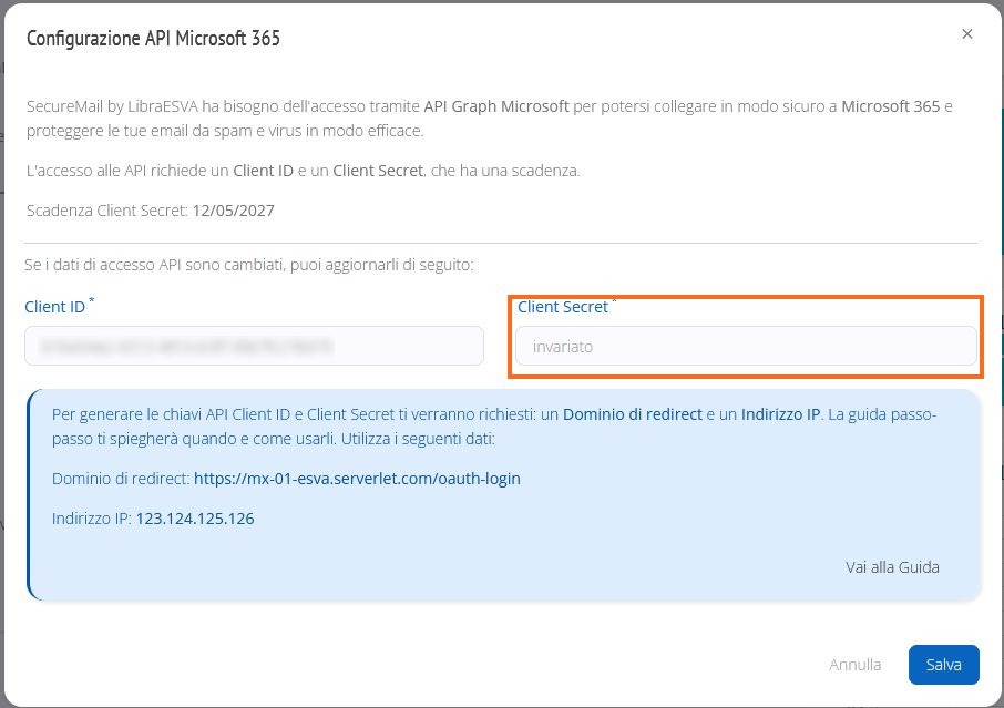 SubController - Configurazione API Client secret