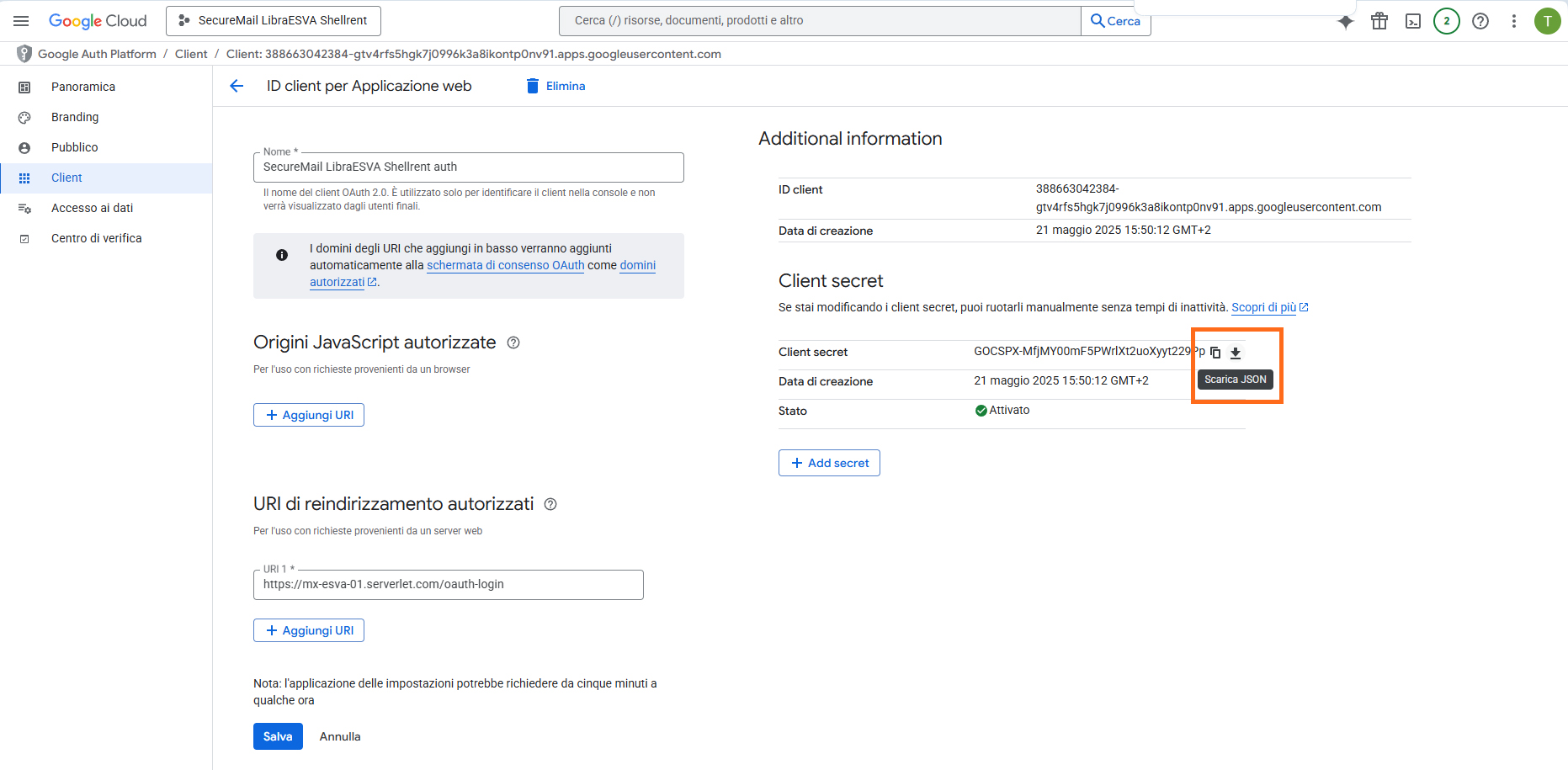 Google Cloud - Client secret/Scarica JSON