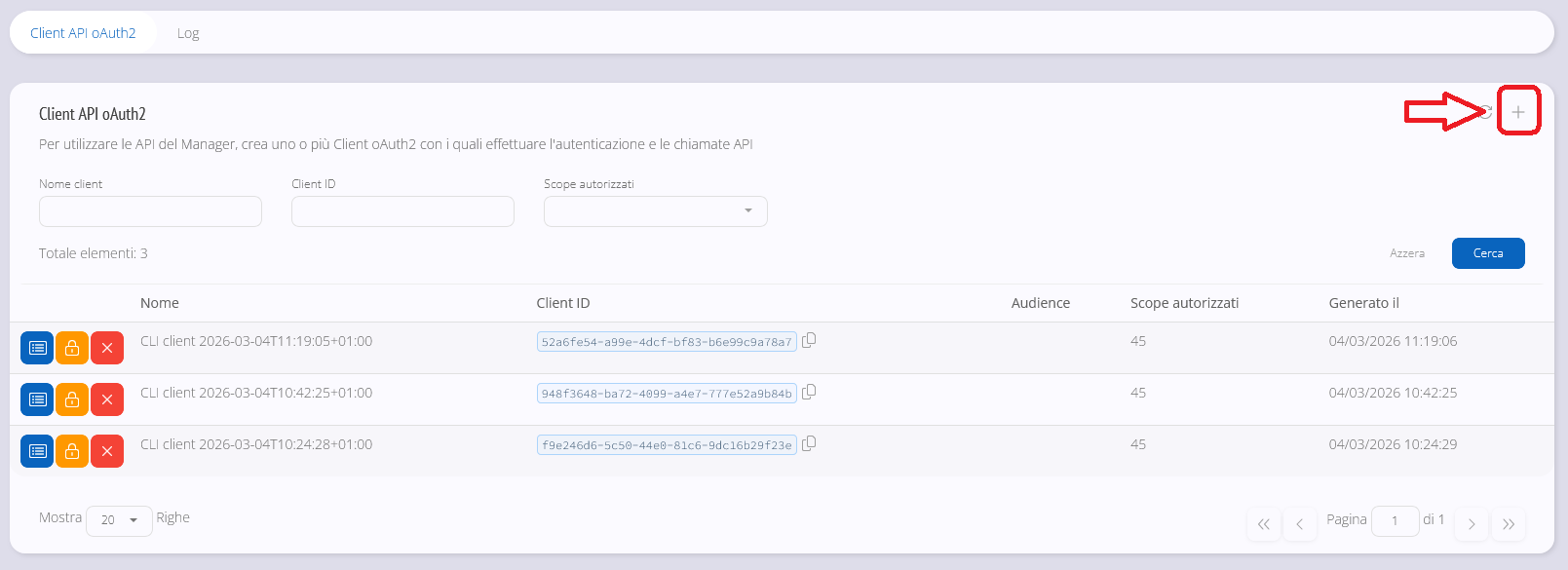 Sezione Client API OAuth2 con pulsante di creazione