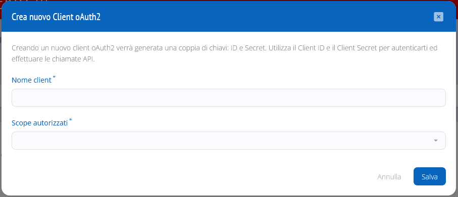 Creazione del client con nome e selezione degli scope