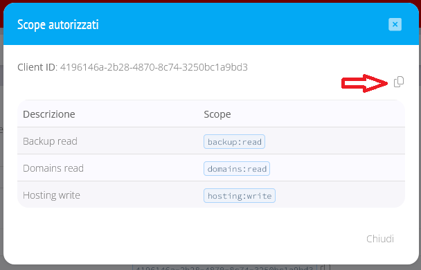 Dettaglio del client con pulsante per copiare gli scope