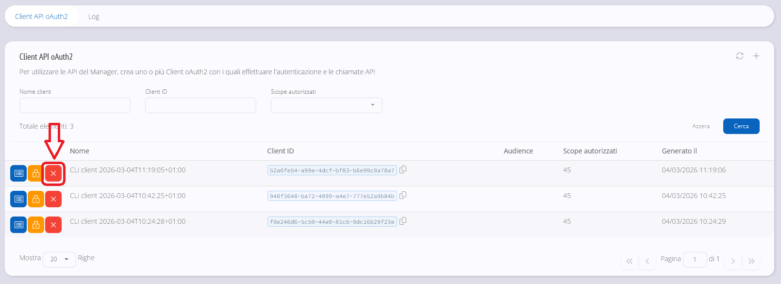 Azione per eliminare un client OAuth2