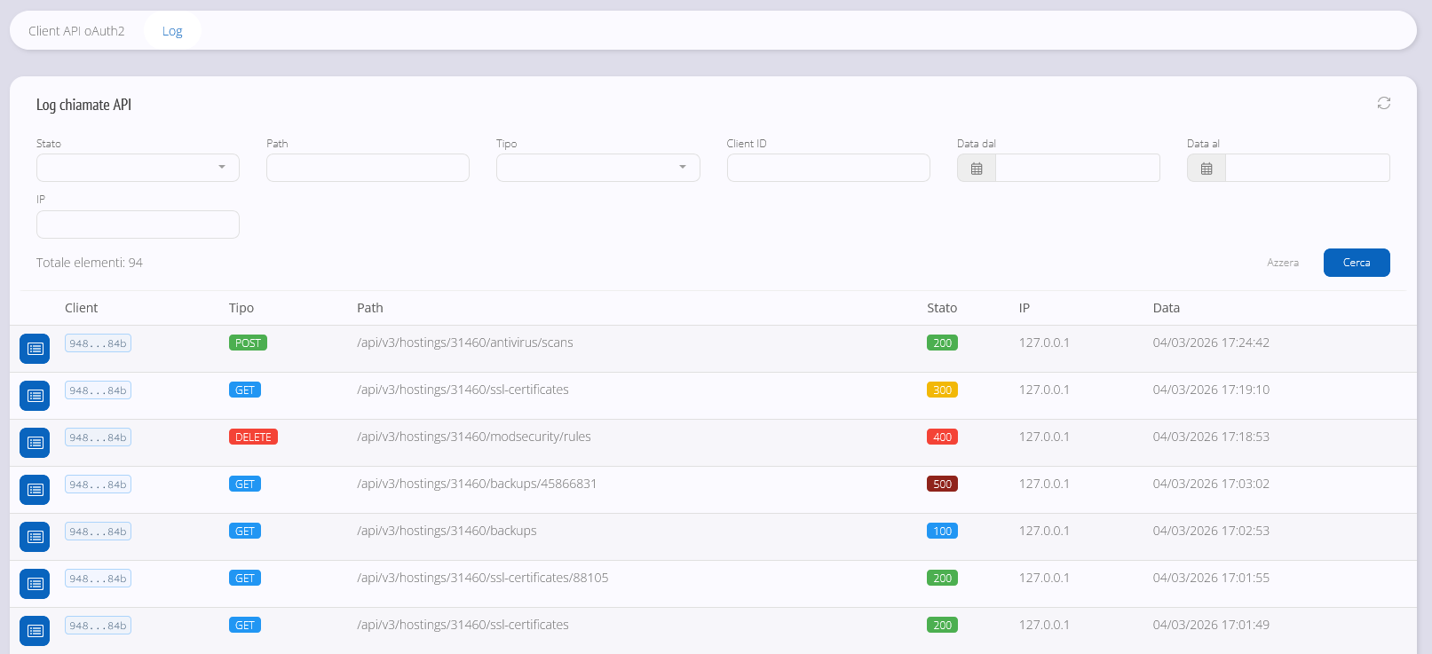 Sezione log con elenco delle chiamate e dei tentativi di emissione token