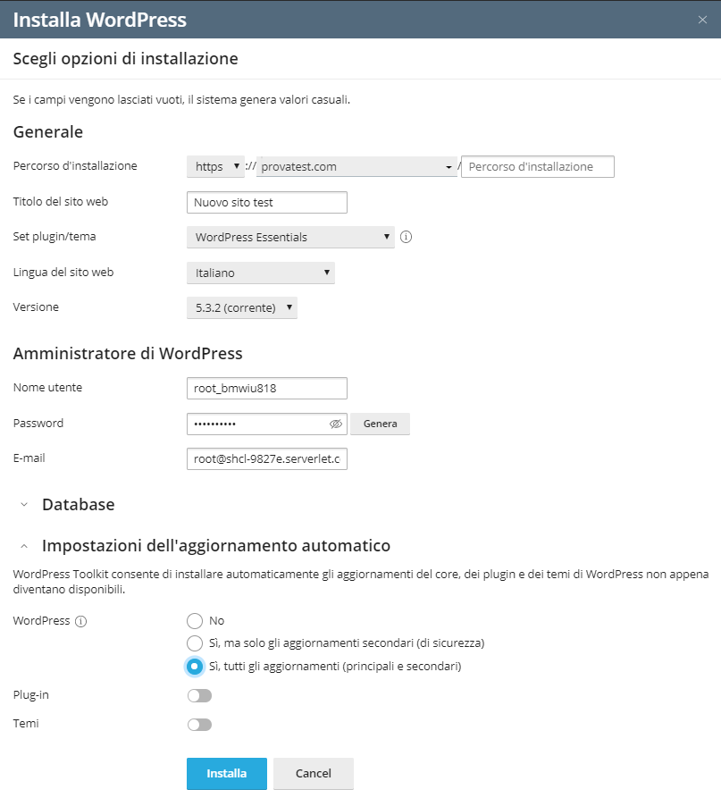 Schermata di installazione guidata di WordPress con WP Toolkit