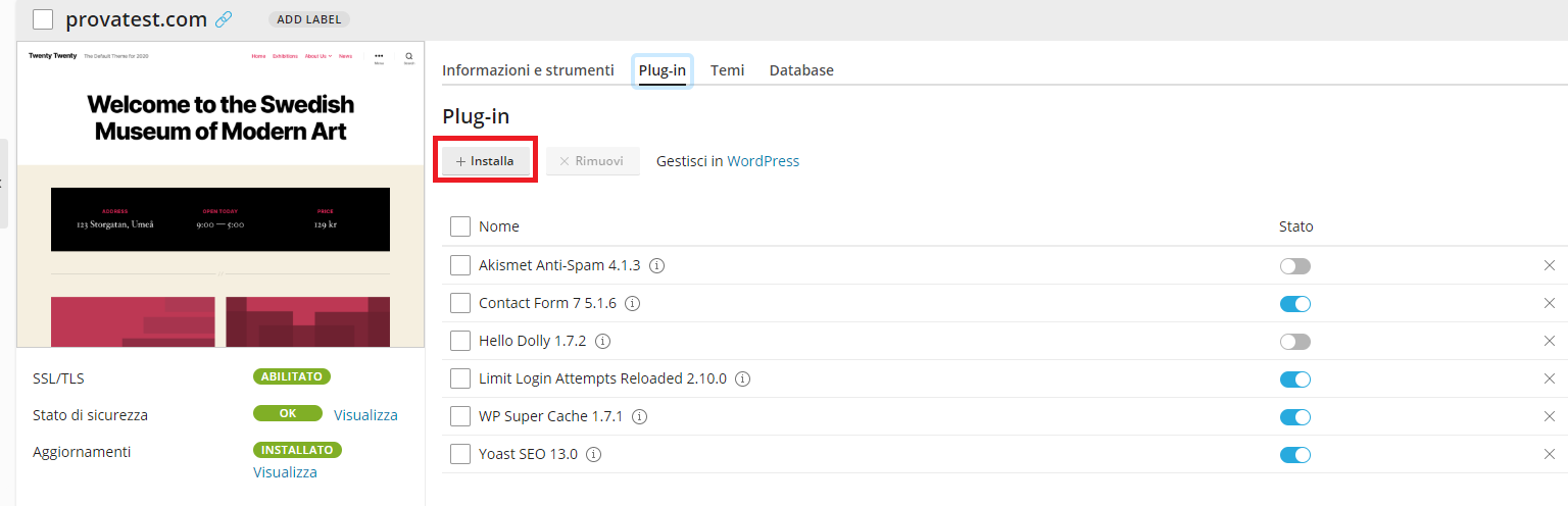 Installare e gestire plug-in di WordPress dal pannello Plesk