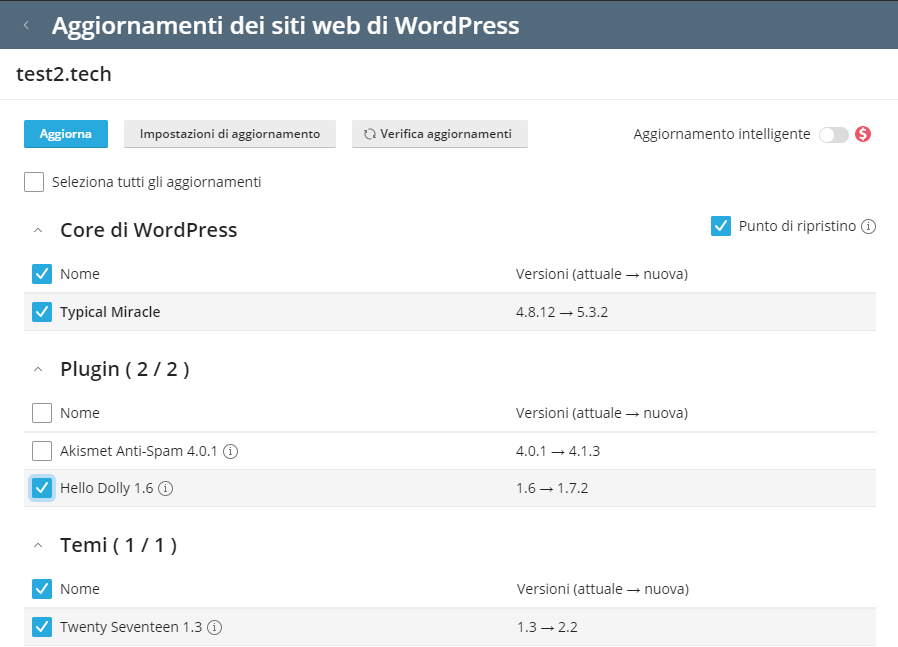 Aggiornamento core di WordPress, plug-in, temi