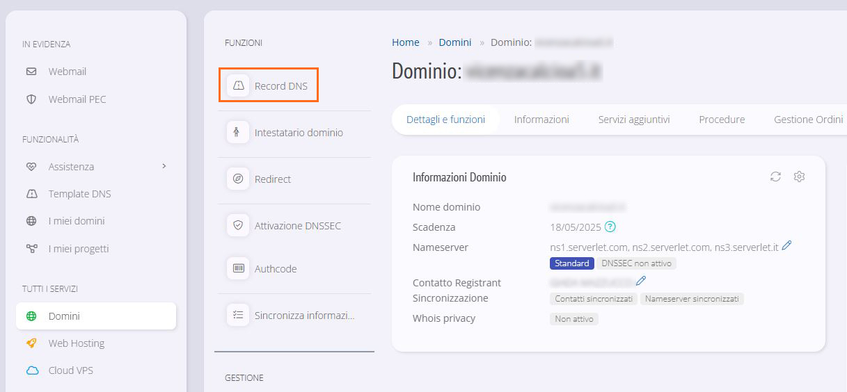 Pagina di gestione record DNS