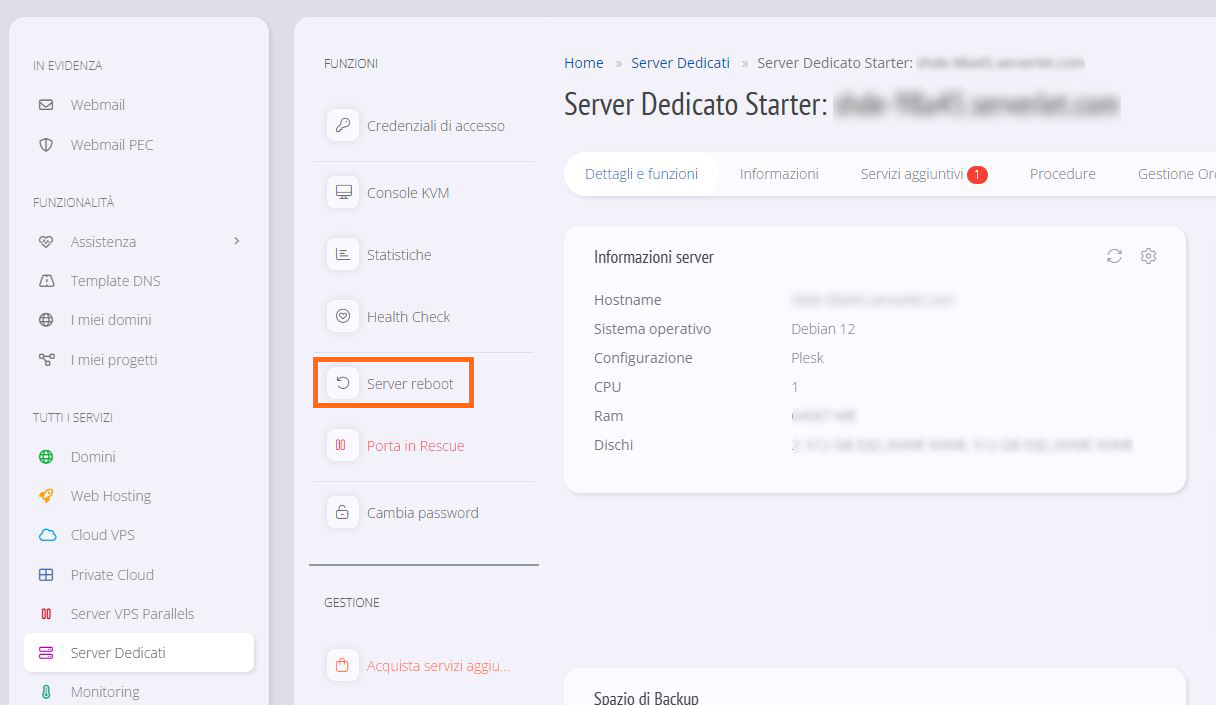 Reboot server dedicati pannello Manager