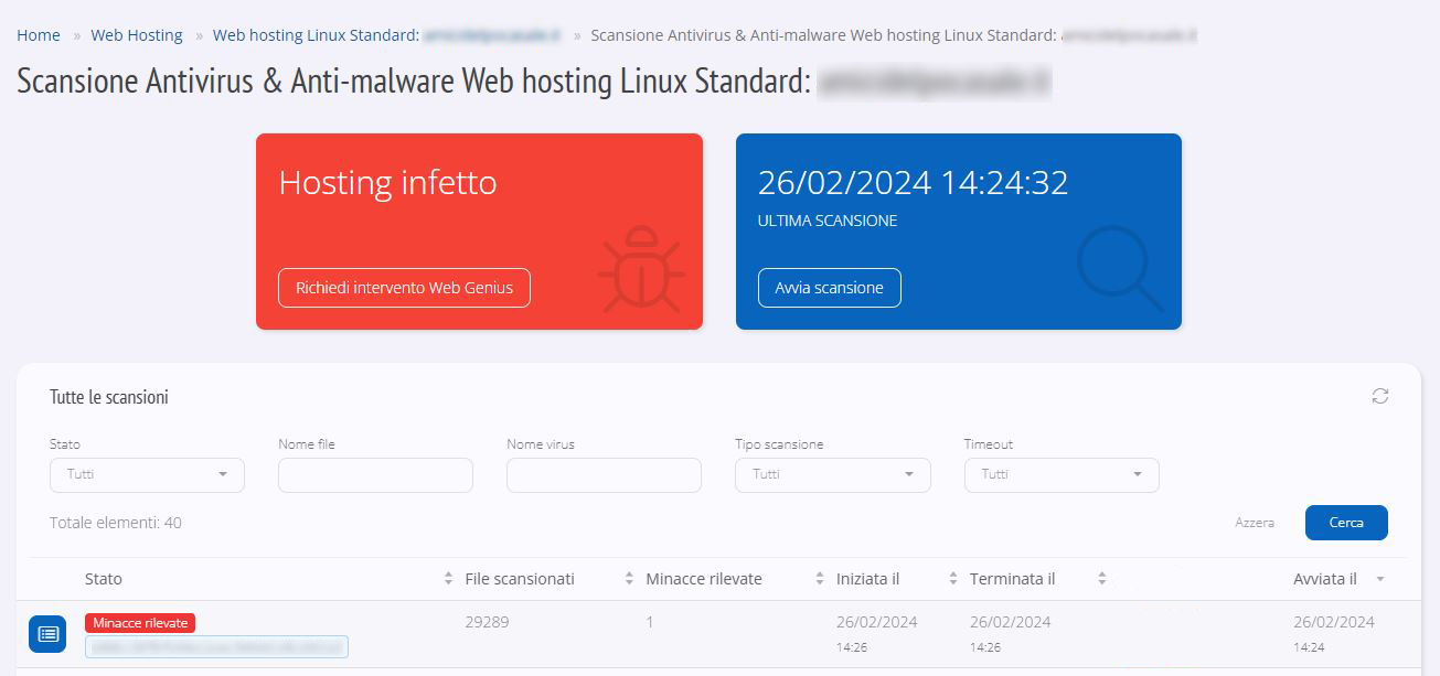 Pagina Hosting scansione Antivirus