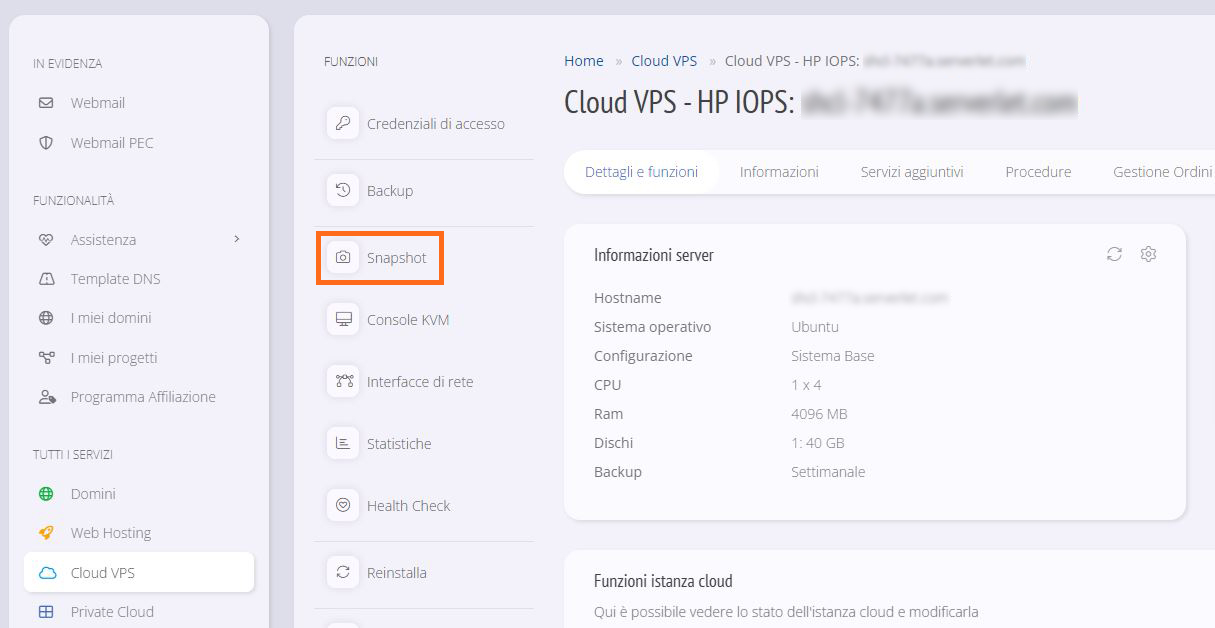 Creare lo snapshot di un Cloud VPS