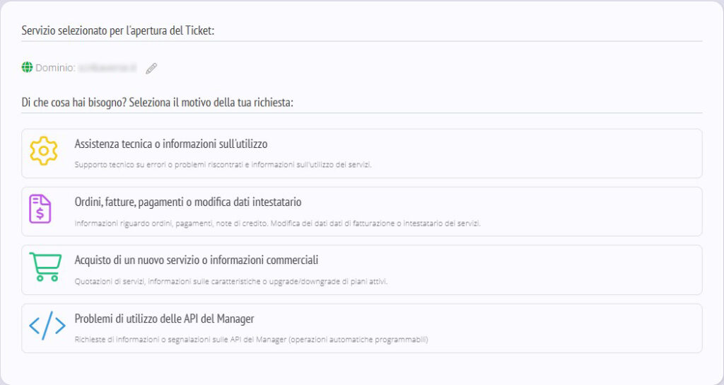 Screenshot scelta obiettivo per apertura ticket