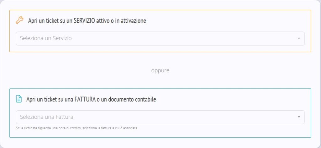 Screenshot scelta servizio per apertura ticket