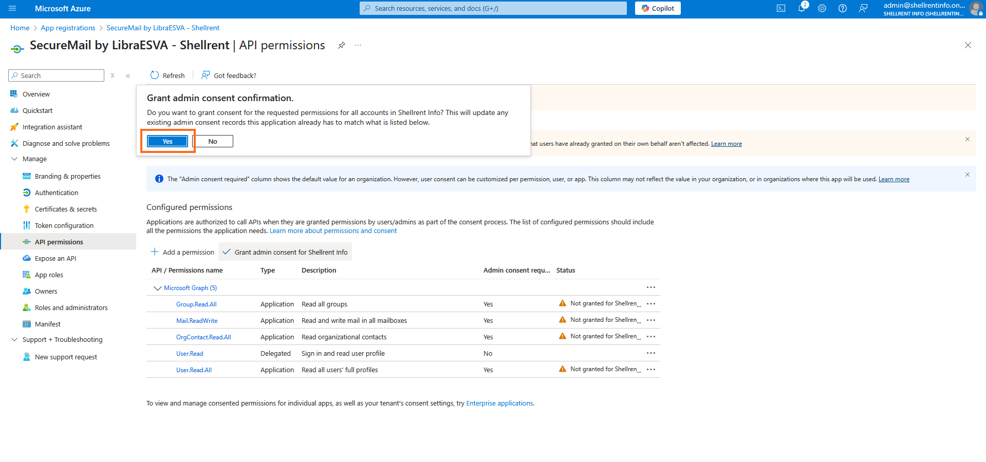 LibraESVA 365 - azure app registration - 13 Microsoft Azure - Grant admin consent information