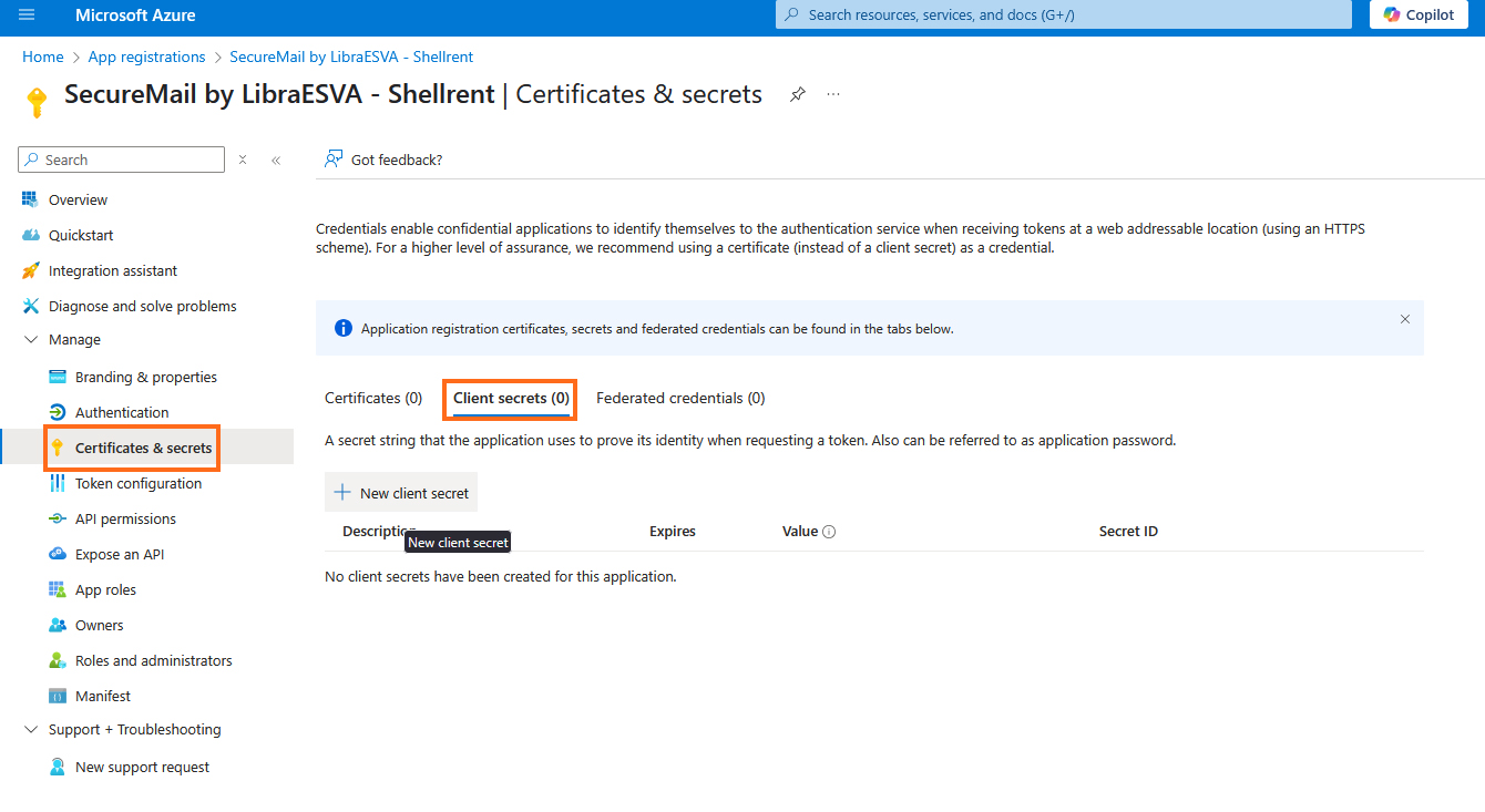 LibraESVA 365 - azure app registration - 15 Microsoft Azure - Client secrets