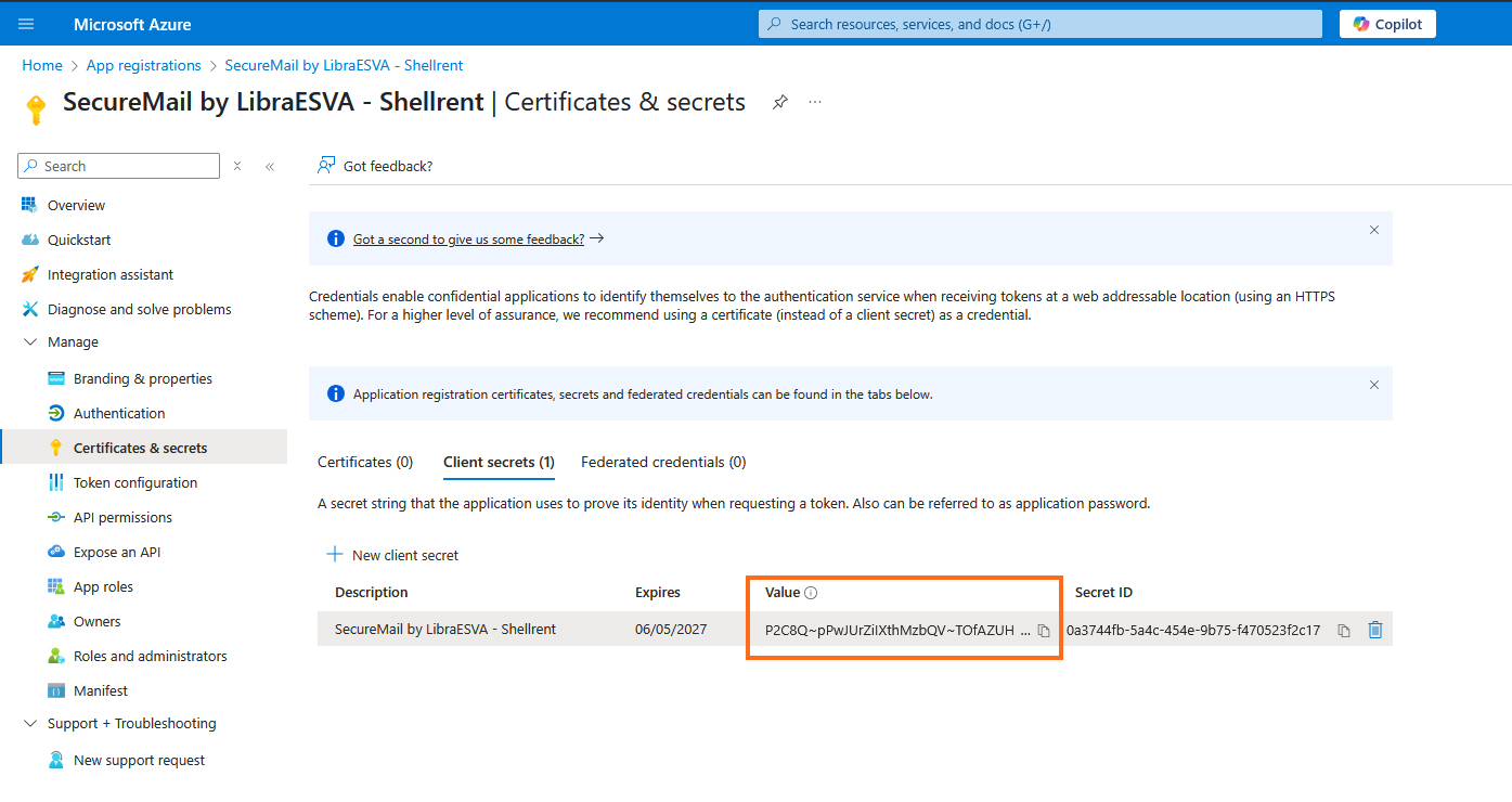 LibraESVA 365 - azure app registration - 17 Microsoft Azure - Copy Client secret value
