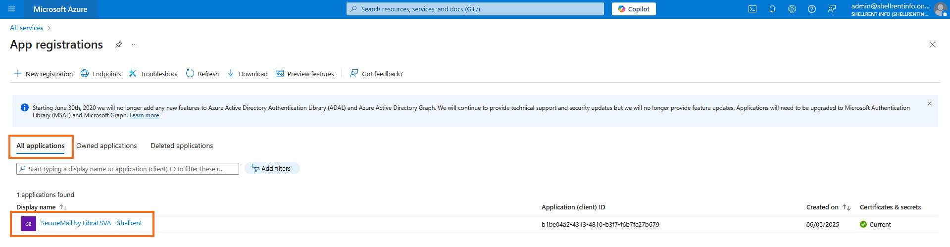 LibraESVA 365 - azure app registration - secret - 1 Microsoft Azure - Select application