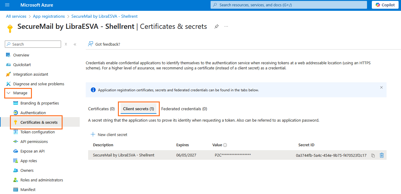 LibraESVA 365 - azure app registration - secret - 2 Microsoft Azure - Client secrets