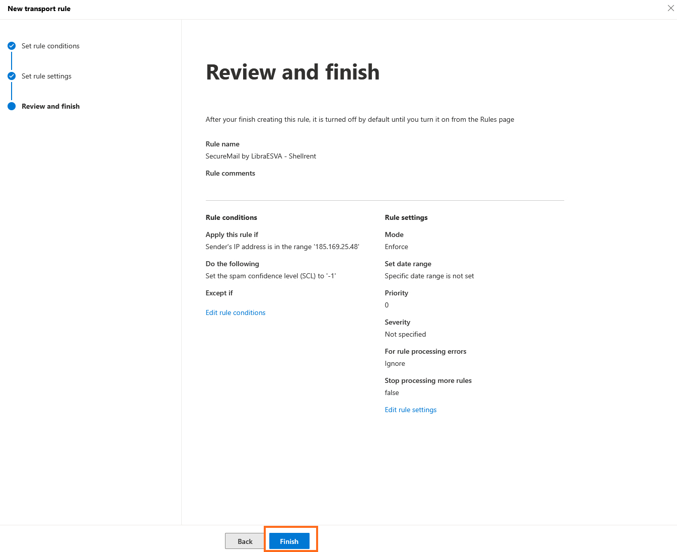 LibraESVA 365 - exchange admin spam check - 6 Exchange - Review and finish