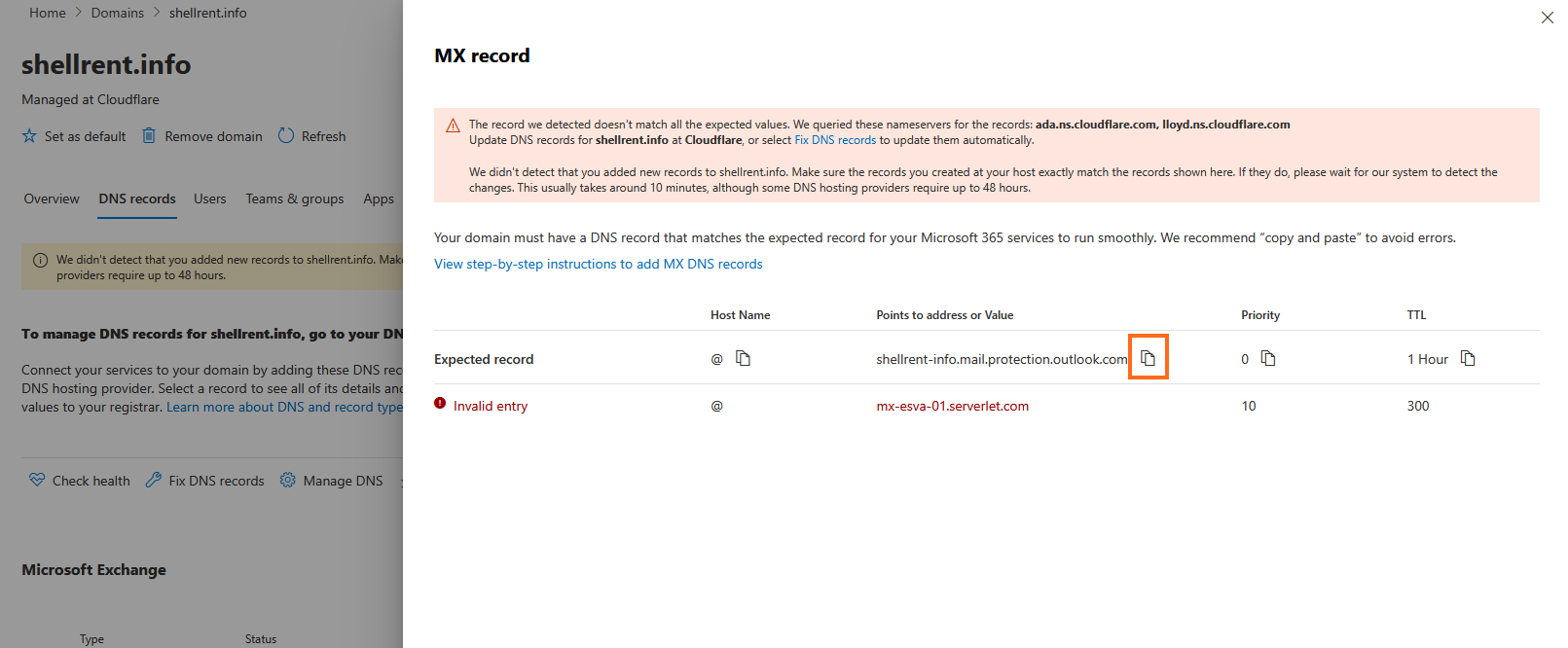 LibraESVA 365 - fqdn - 5 Microsoft 365 admin center - Copy points to address or Value