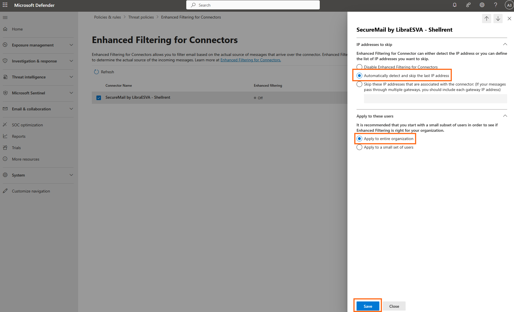 LibraESVA 365 - security skiplisting - 1 Microsoft 365 admin center - Apply to entire organization