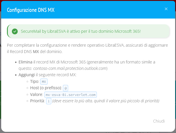 Modale DNS MX Configurazione DNS MX