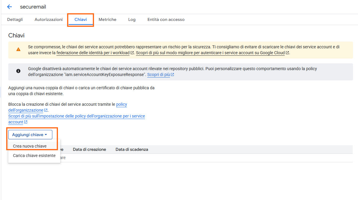 Google Cloud - Aggiungi chiave