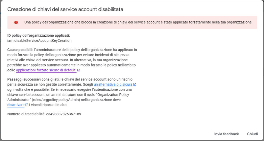 Google Cloud - Creazione di chiavi service account disabilitata