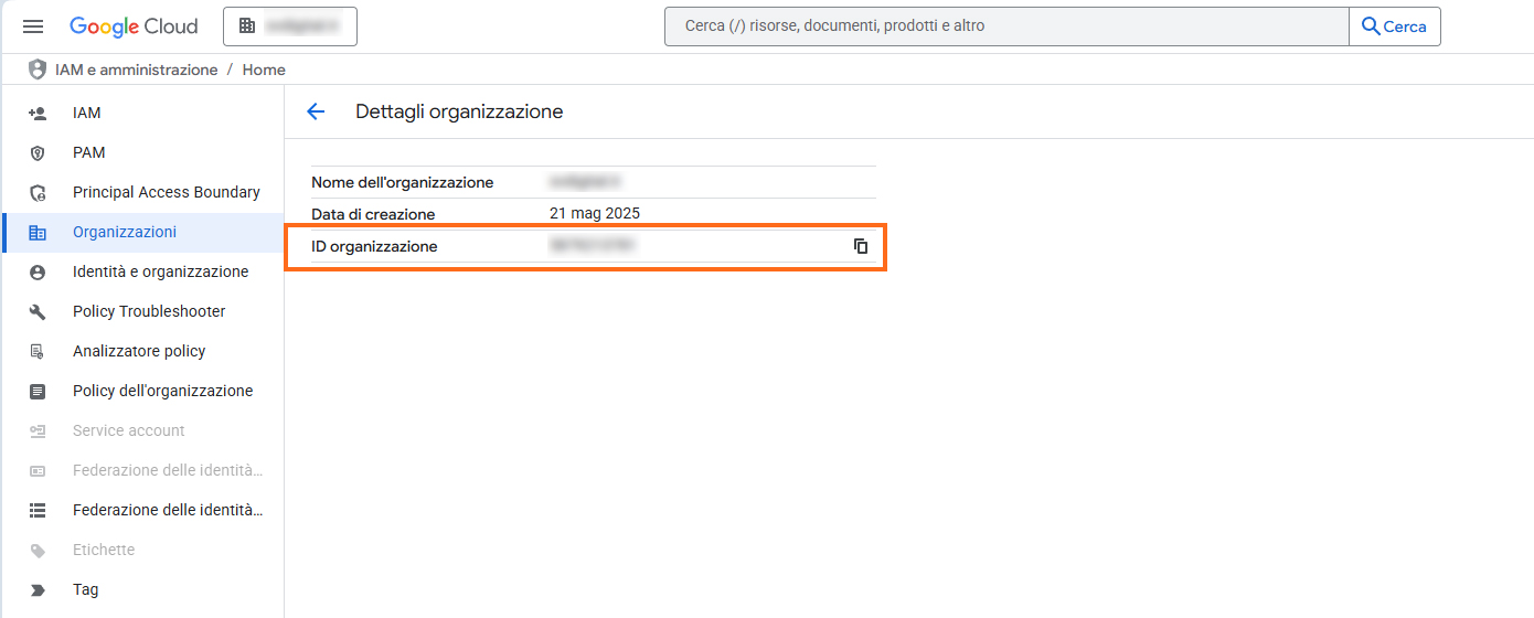 Workspace - 26 - errore - 2 Google Cloud - ID organizzazione