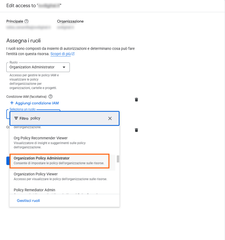 Workspace - 26 - errore - 3 Google Cloud - Organization Policy Administration