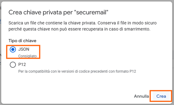 Google Cloud - Tipo di chiave
