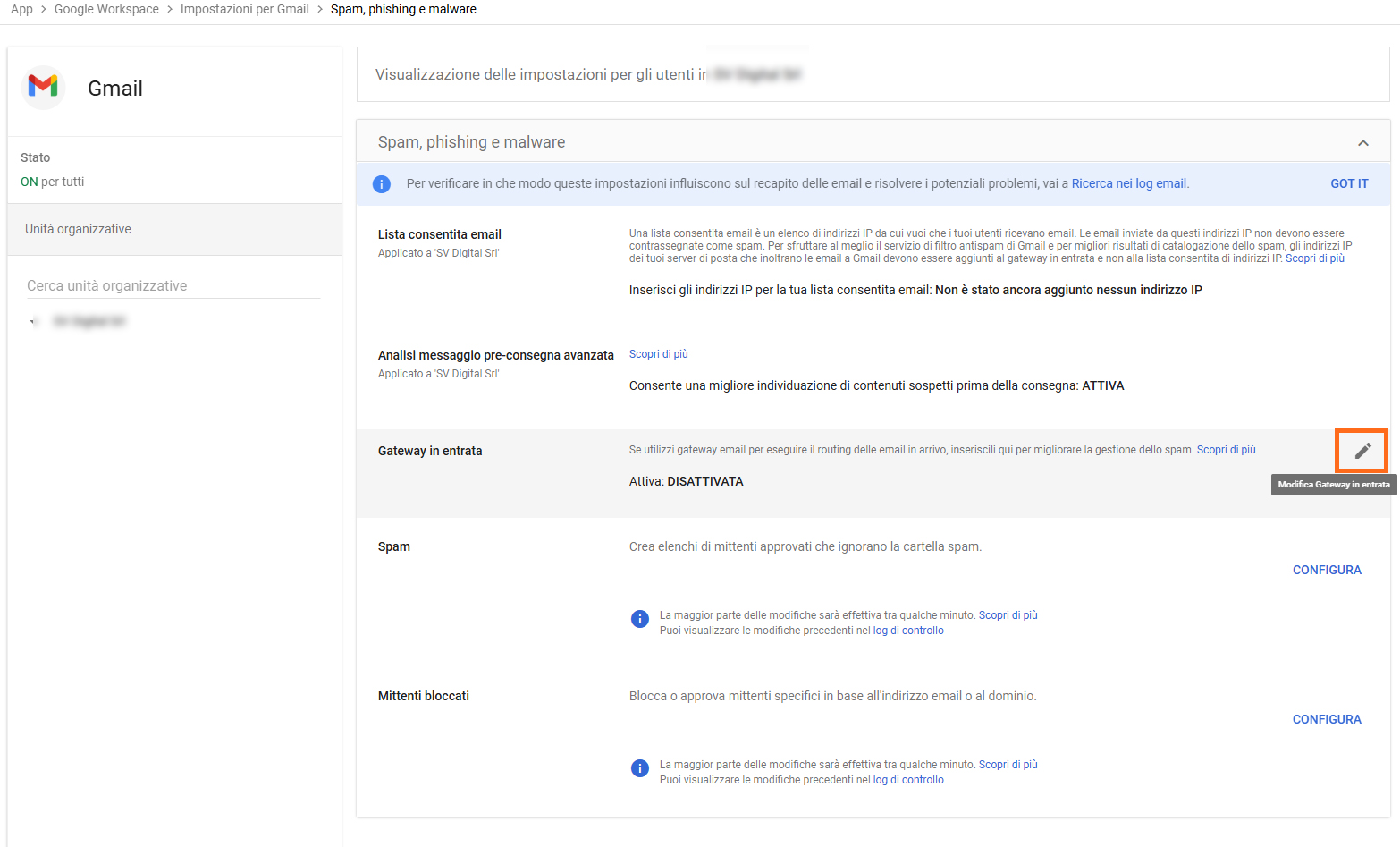 Google Cloud - Modifica gateway in entrata