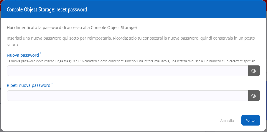 Reset password di accesso console Object Storage