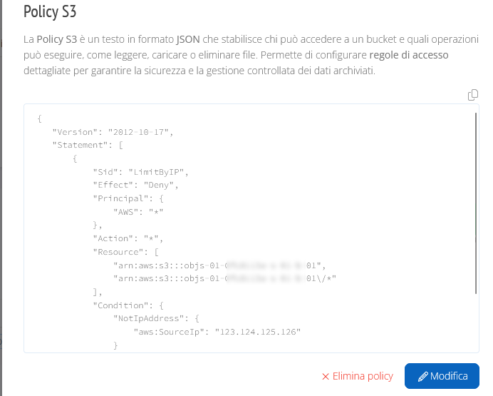 Definire la policy bucket Object Storage