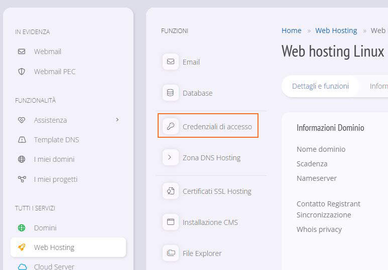 Credenziali web hosting Manager