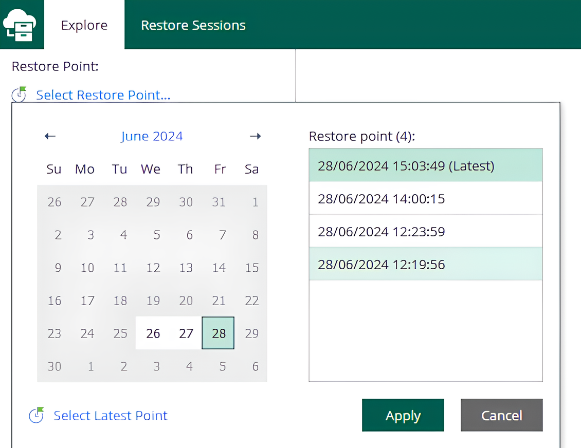 Data restore point Veeam Microsoft 365