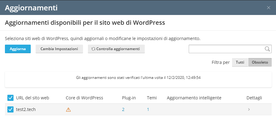 Aggiornamenti disponibili per il sito in WordPress con WP Toolkit di Plesk