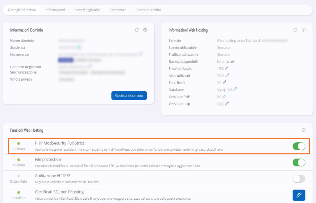 Abilitare modalità Full Strict PHP ModSecurity Hosting
